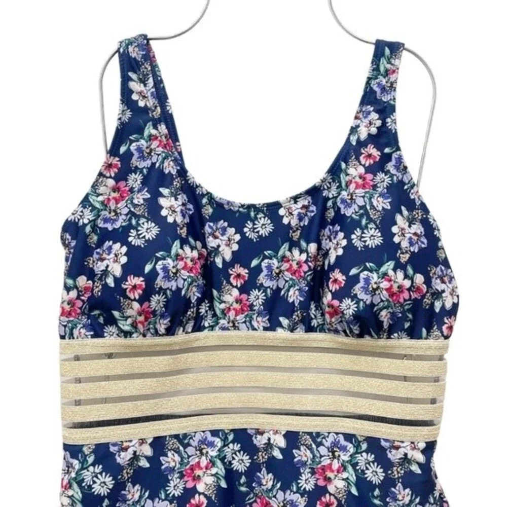 Nicole Miller Navy Floral Shimmer-Band One-Piece Swimsuit Women’s Size Large